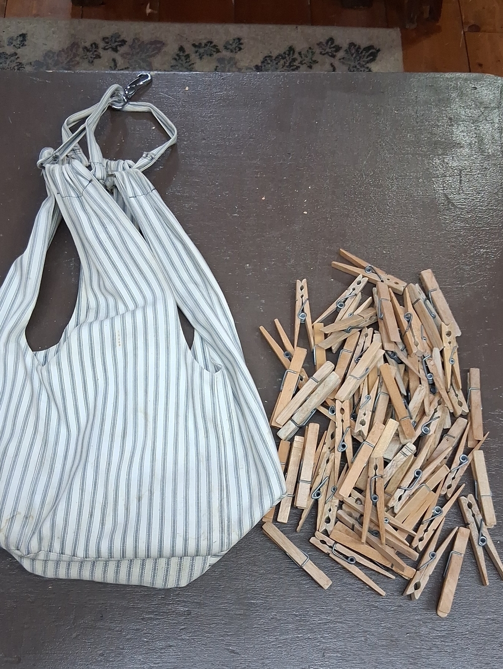 Vintage cotton ticking clothes pin bag with 65 clothes pins included